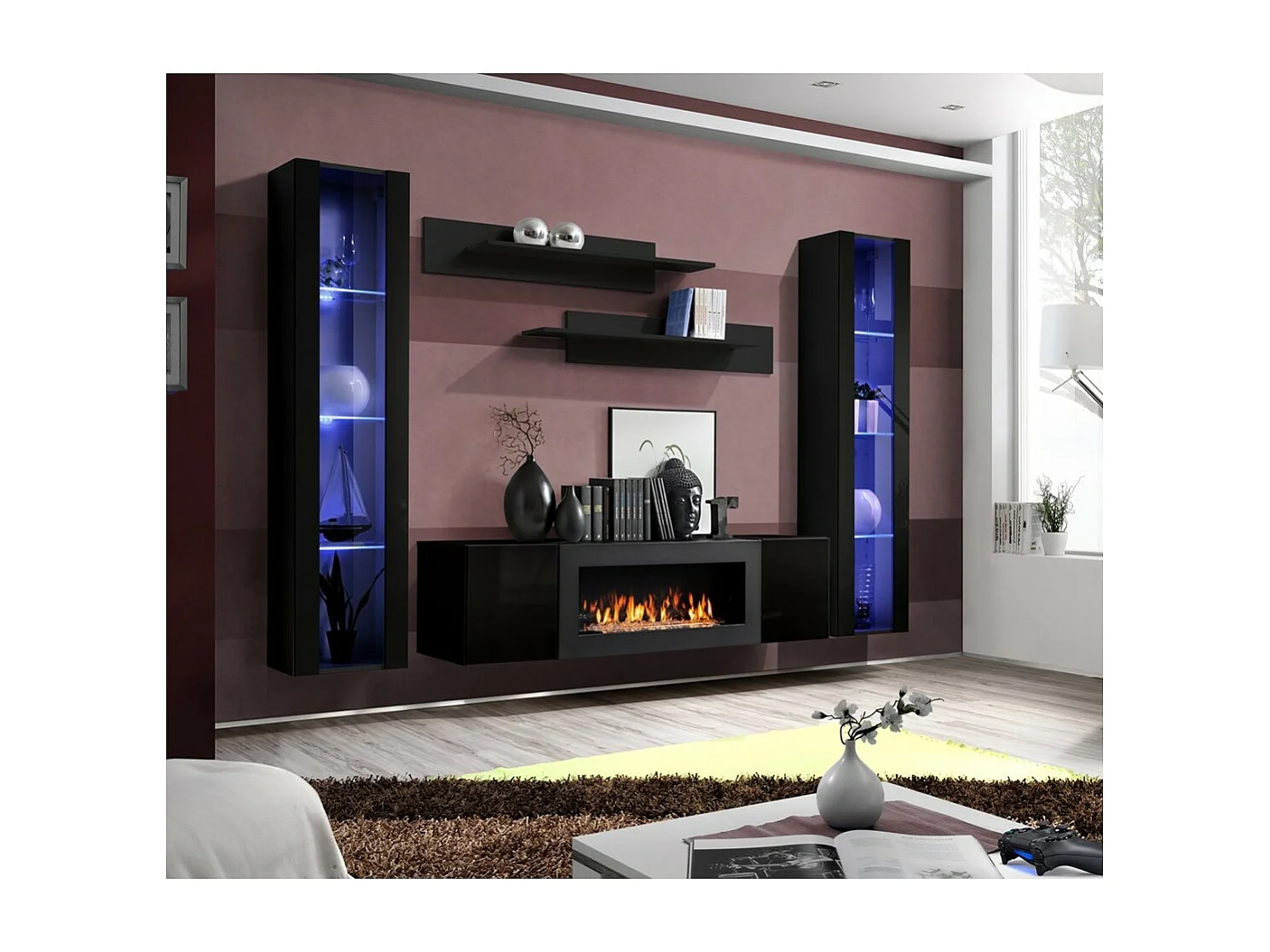 Conjunto de muebles colgantes con chimenea decorativa colección FLY M2. Color negro.