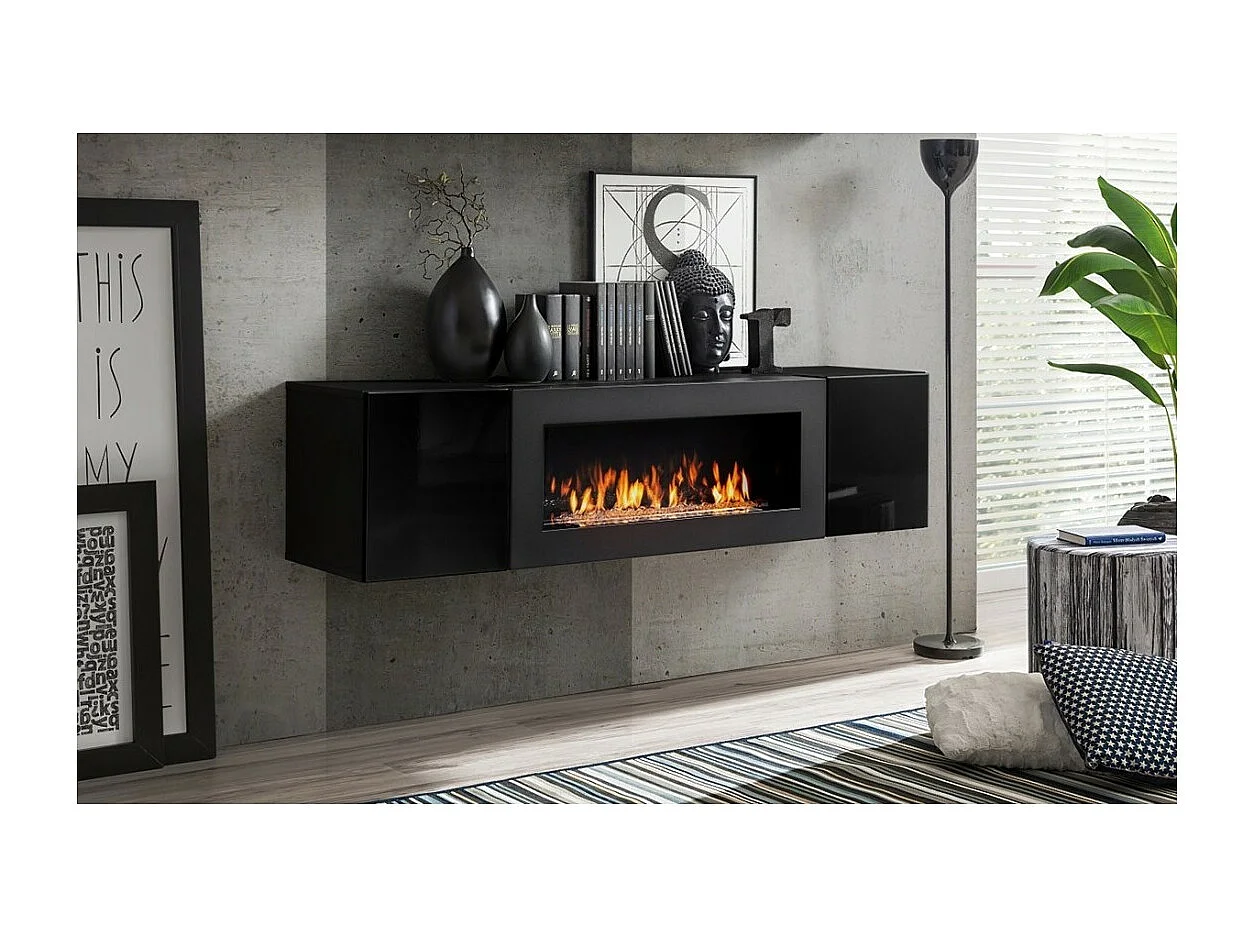 Conjunto de muebles colgantes con chimenea decorativa colección FLY M2. Color negro.
