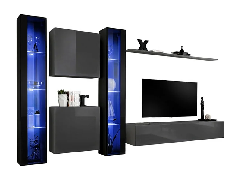 Ensemble meuble salon mural SWITCH XVI design, coloris gris et noir brillant.
