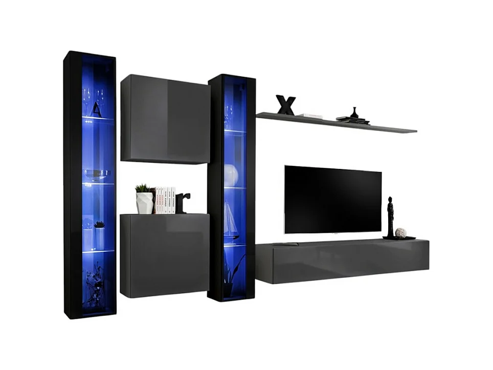 Ensemble meuble salon mural SWITCH XVI design, coloris gris et noir brillant.