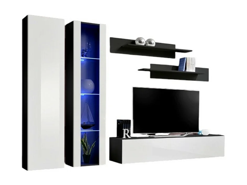 TV-Möbel FLY A4 in Schwarz und Weiß Hochglanz mit LED, hängend, modernes Design für Wohnzimmer