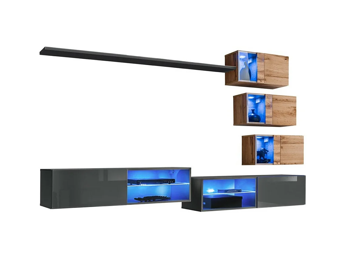 Wohnzimmermöbel-Set SWITCH XXIV – LED – Grau und Eiche – Design-Wandkomposition