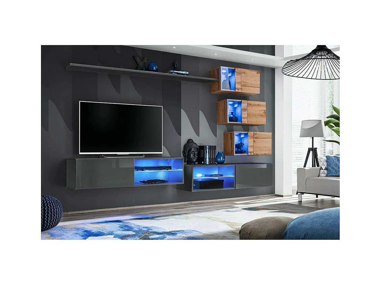 Wohnzimmermöbel-Set SWITCH XXIV – LED – Grau und Eiche – Design-Wandkomposition