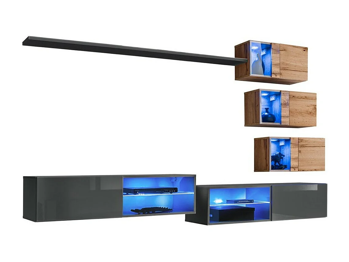 Ensemble meubles de salon SWITCH XXIV – LED – Gris et Chêne – Composition murale design