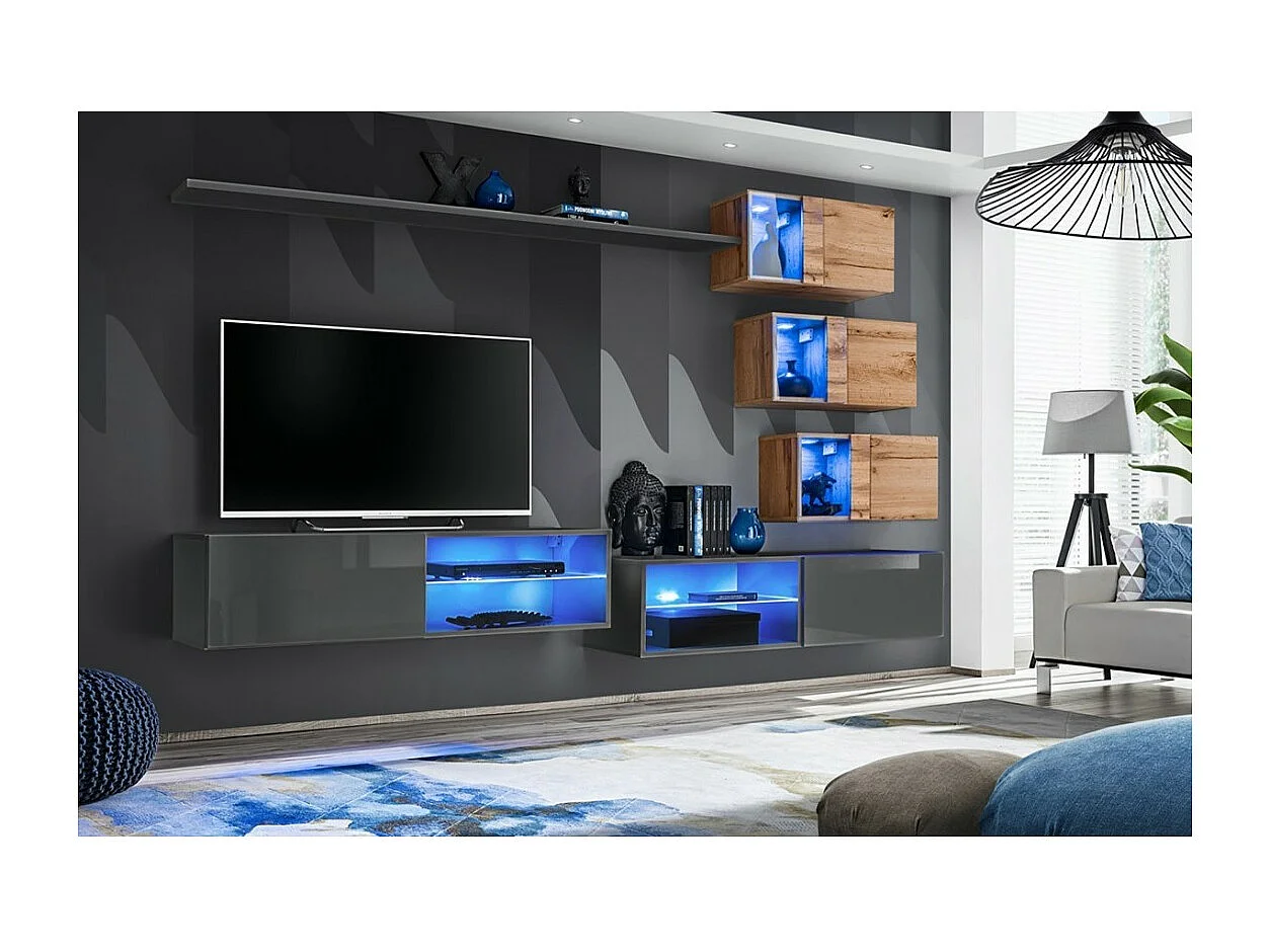 Ensemble meubles de salon SWITCH XXIV – LED – Gris et Chêne – Composition murale design