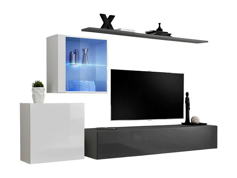 Wohnzimmerwandmöbel-Set SWITCH XV im Design, in glänzendem Grau und Weiß.