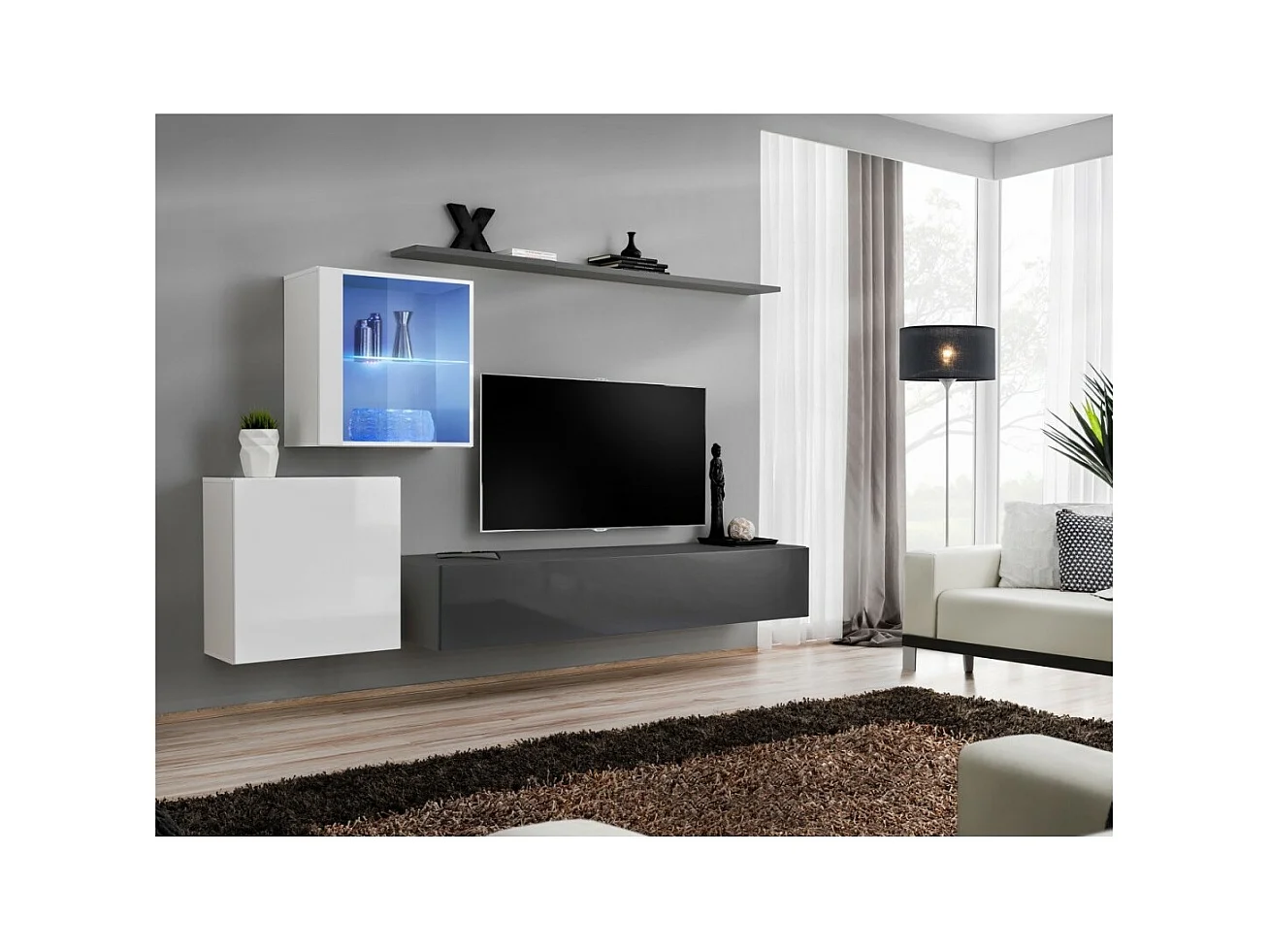 Conjunto de muebles para salón mural SWITCH XV diseño, colores gris y blanco brillante.
