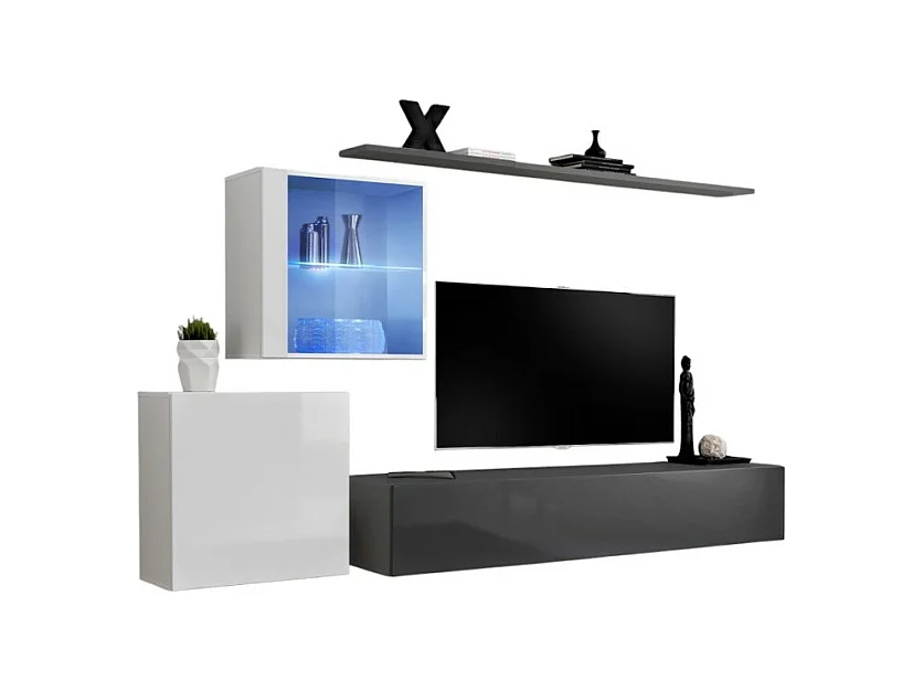 Ensemble meuble salon mural SWITCH XV design, coloris gris et blanc brillant.