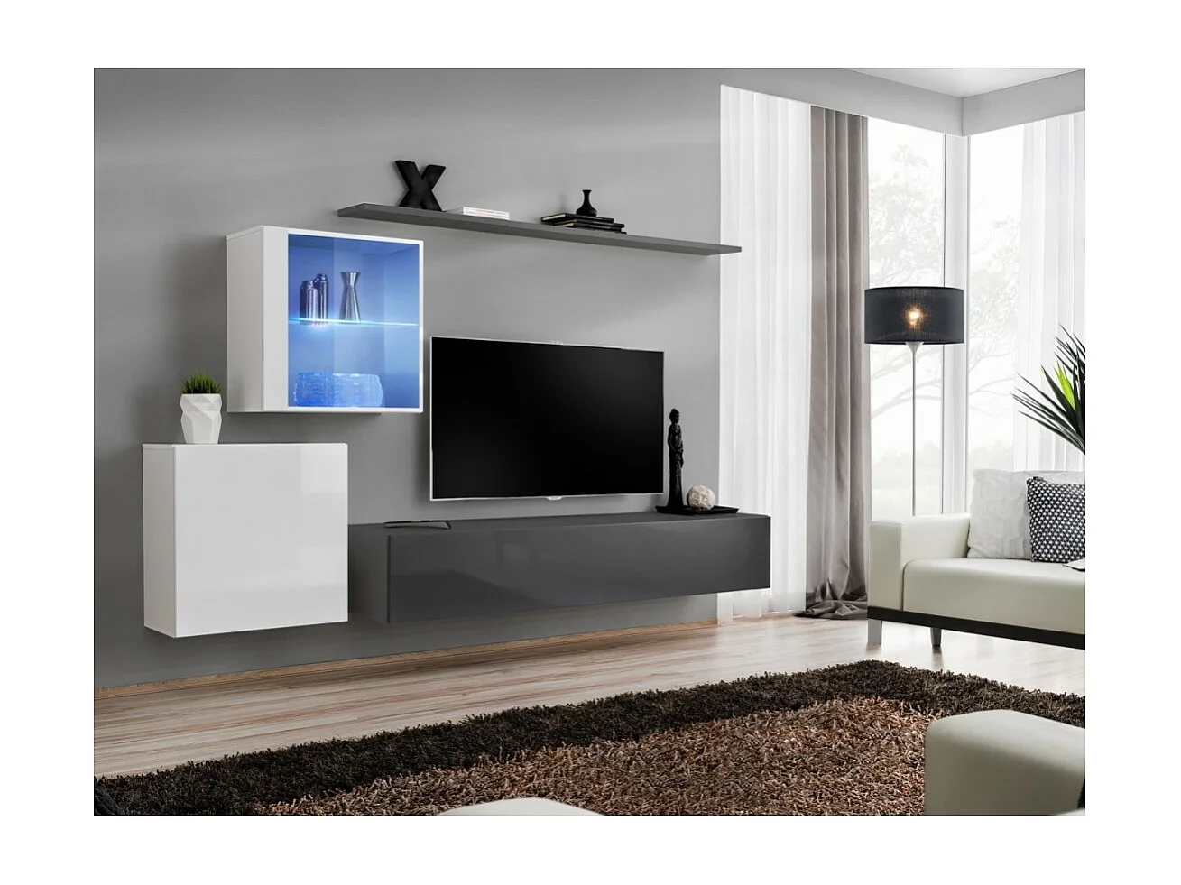 Set di mobili da soggiorno da parete SWITCH XV design, colore grigio e bianco lucido.