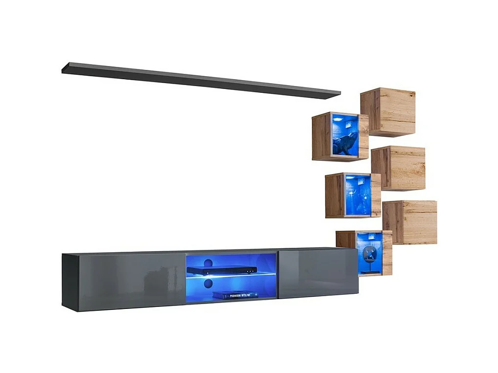 Conjunto de móveis para sala de estar SWITCH XXI, design em cores cinza e carvalho.