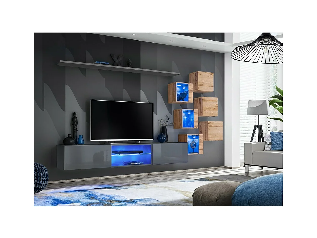 Conjunto de móveis para sala de estar SWITCH XXI, design em cores cinza e carvalho.