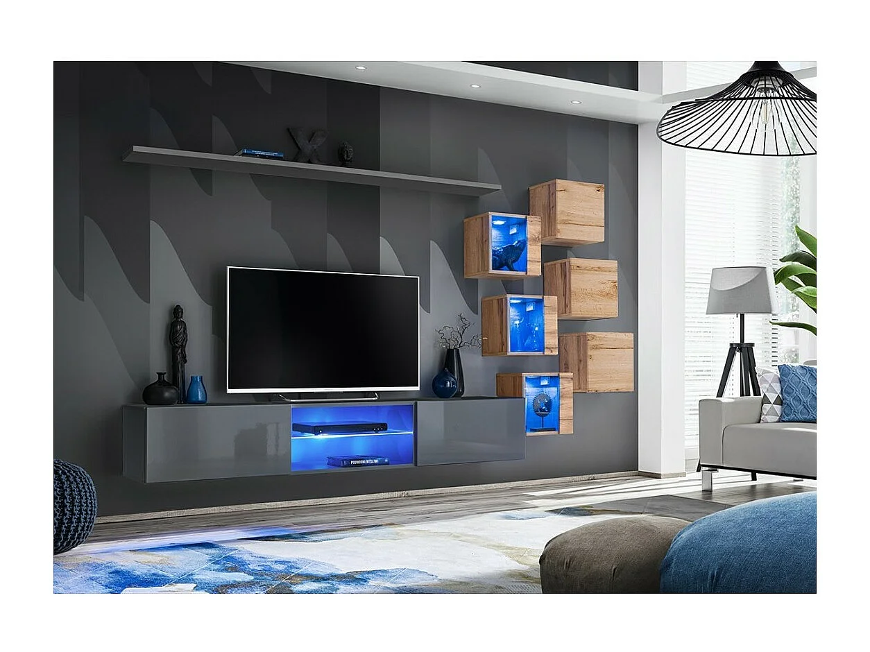 Ensemble meubles de salon SWITCH XXI – LED – Gris et chêne – Design suspendu