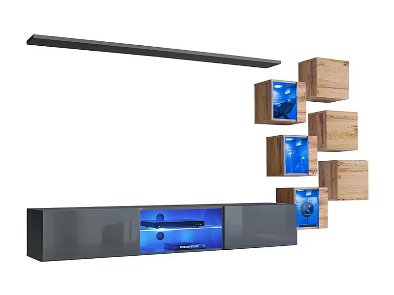 Ensemble meubles de salon SWITCH XXI – LED – Gris et chêne – Design suspendu