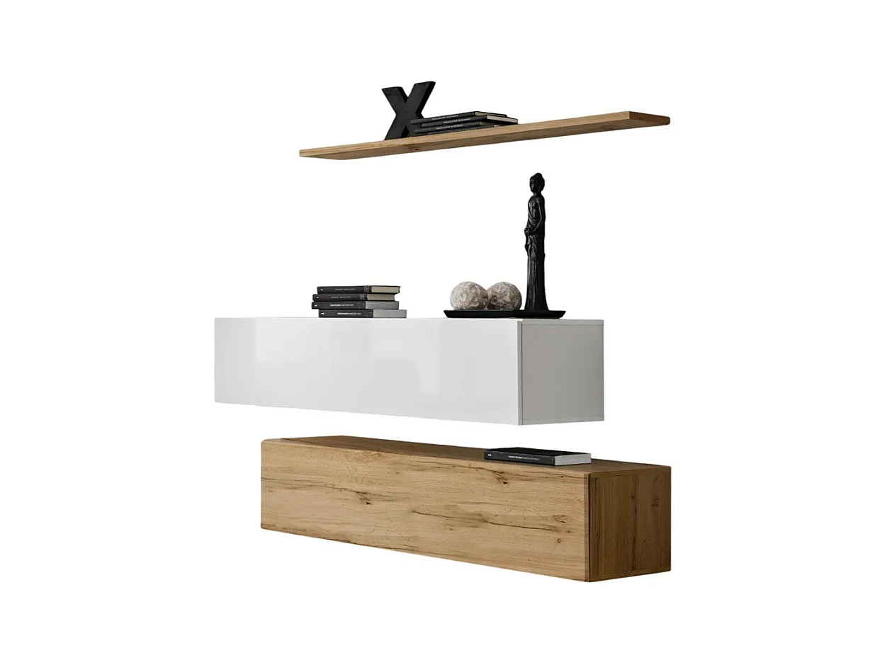 Wohnzimmermöbel-Set SWITCH SBII Design, in Wotan Eiche Farbe und Hochglanz Weiß.