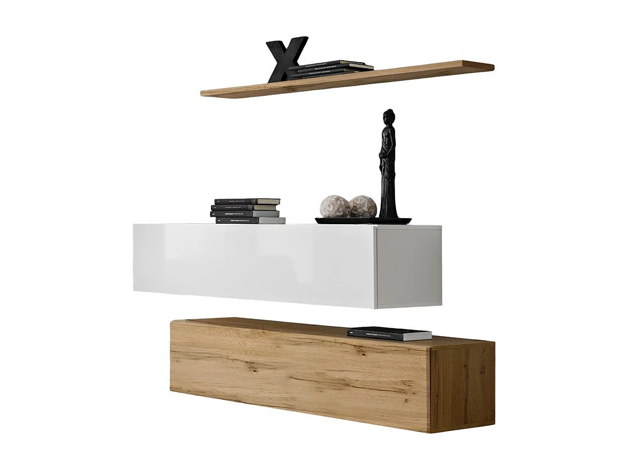 Ensemble meubles de salon SWITCH SBII design, coloris chêne Wotan et blanc brillant.