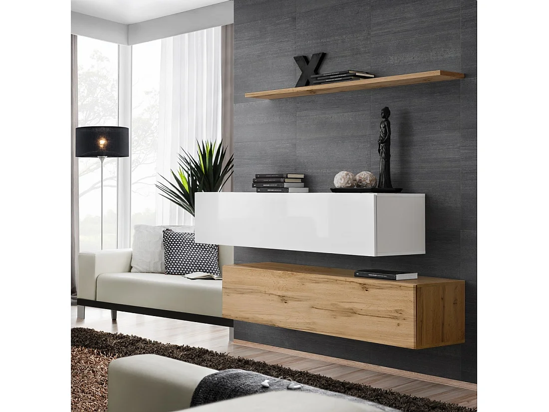 Ensemble meubles de salon SWITCH SBII design, coloris chêne Wotan et blanc brillant.