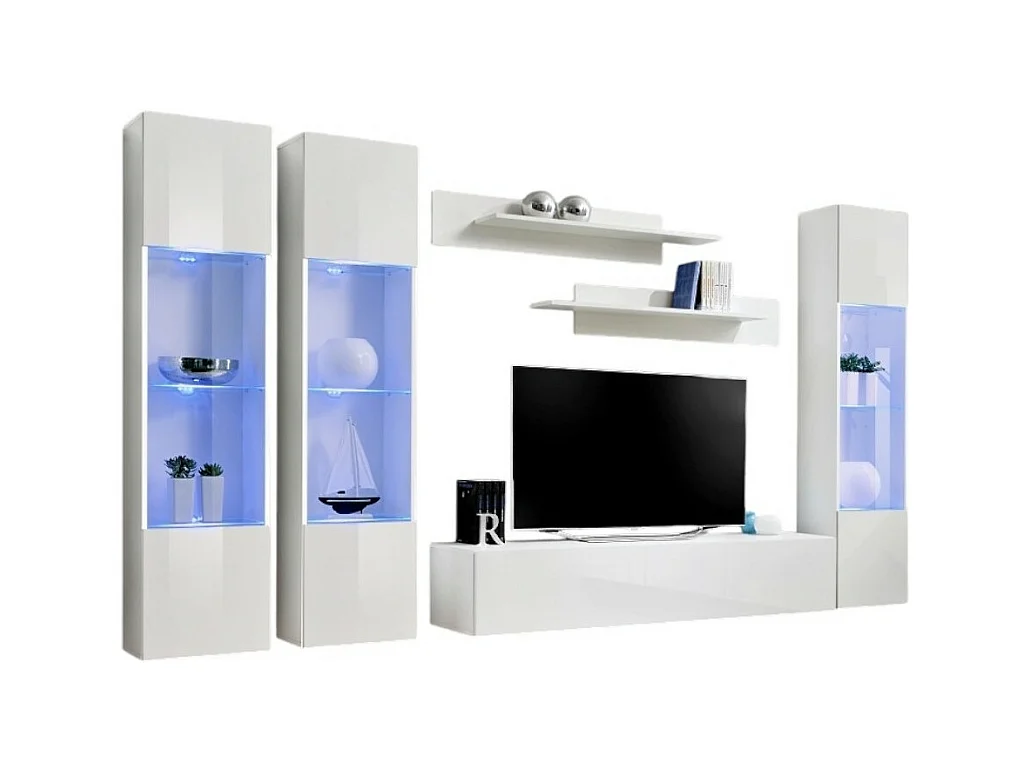 TV-Möbel FLY C3 Design, in glänzendem Weiß. Modernes und trendiges Hängemöbel für Ihr Wohnzimmer.