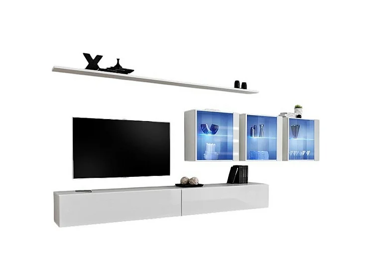 Ensemble meuble salon mural SWITCH XVII design, coloris blanc brillant.
