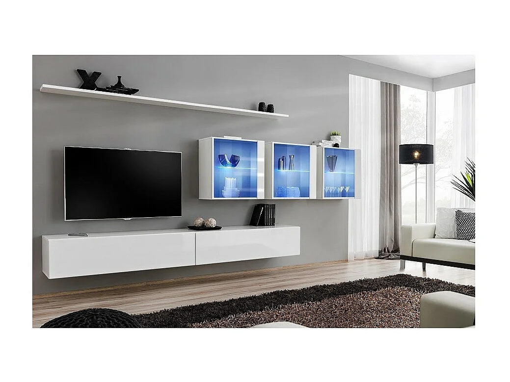 Ensemble meuble salon mural SWITCH XVII design, coloris blanc brillant.