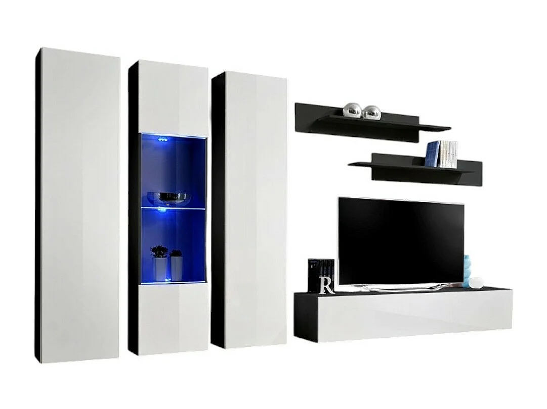 TV-Möbel FLY C5 Design, in glänzendem Schwarz und Weiß. Modernes und trendiges Hängemöbel für Ihr Wohnzimmer.