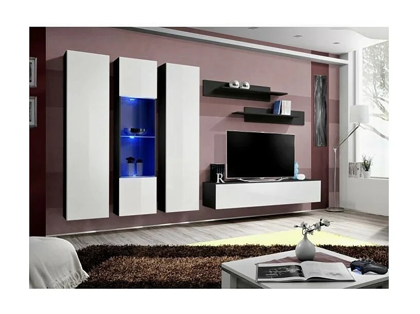 TV-Möbel FLY C5 Design, in glänzendem Schwarz und Weiß. Modernes und trendiges Hängemöbel für Ihr Wohnzimmer.