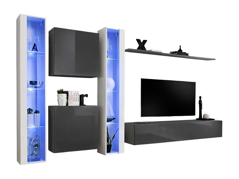 Wohnzimmer-Wandmöbelset SWITCH XVI im Design, Farben grau und glänzend weiß.