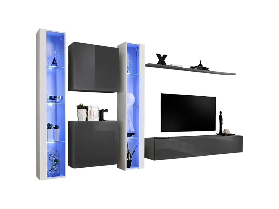 Ensemble meuble salon mural SWITCH XVI design, coloris gris et blanc brillant.