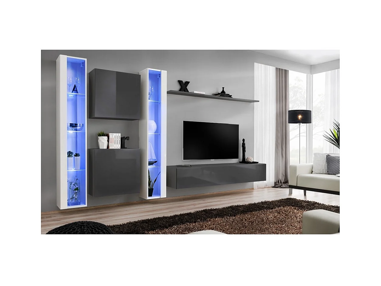 Ensemble meuble salon mural SWITCH XVI design, coloris gris et blanc brillant.