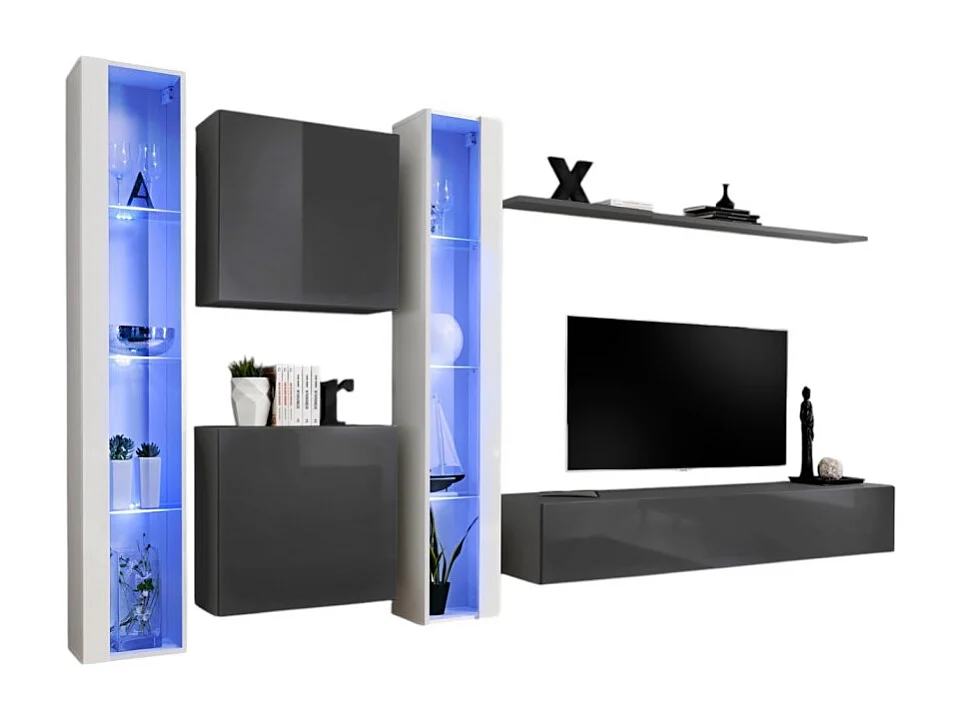 Wandmeubelset voor de woonkamer SWITCH XVI design, in glanzend grijs en wit.