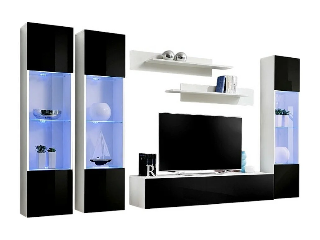 Meuble TV FLY C3 design, coloris blanc et noir brillant. Meuble suspendu moderne et tendance pour votre salon.