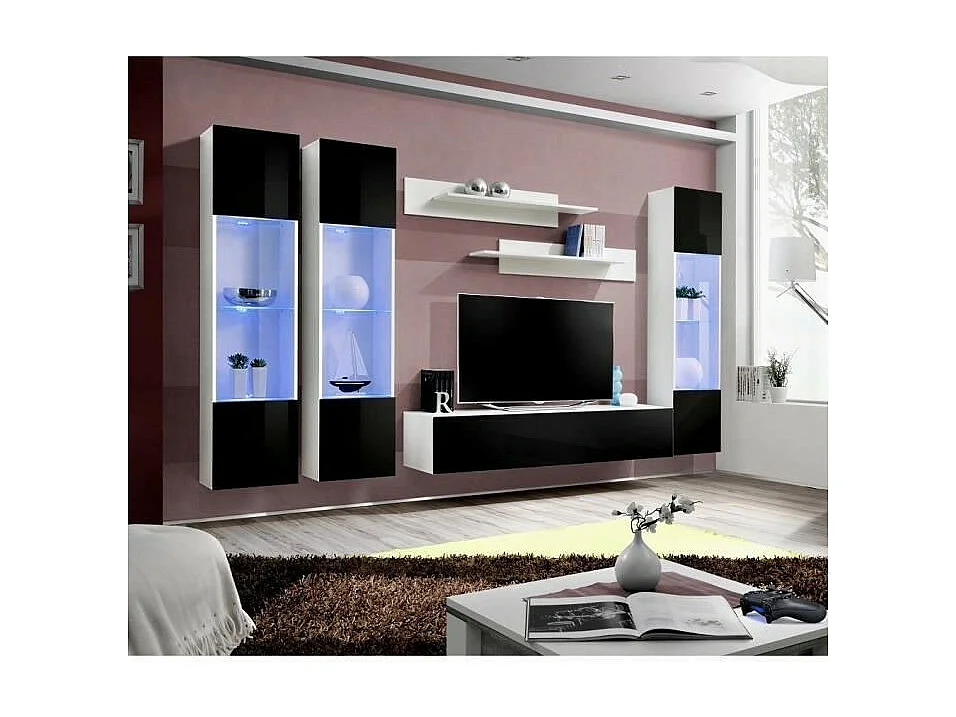 Meuble TV FLY C3 design, coloris blanc et noir brillant. Meuble suspendu moderne et tendance pour votre salon.