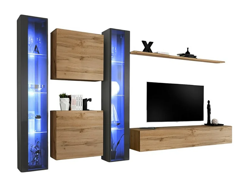 Wohnzimmerwandmöbel-Set SWITCH XVI im Design, Farbe Wotan-Eiche und glänzendes Grau.