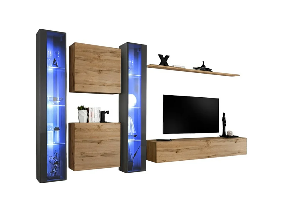 Ensemble meuble salon mural SWITCH XVI design, coloris chêne Wotan et gris brillant.