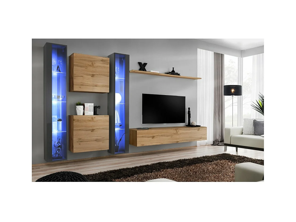 Ensemble meuble salon mural SWITCH XVI design, coloris chêne Wotan et gris brillant.