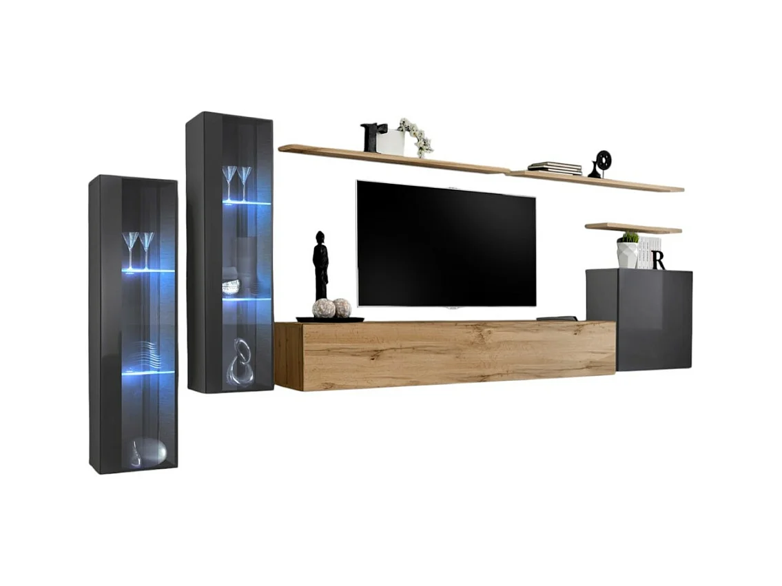 Ensemble meuble salon mural SWITCH XI design, coloris chêne Wotan et gris brillant.