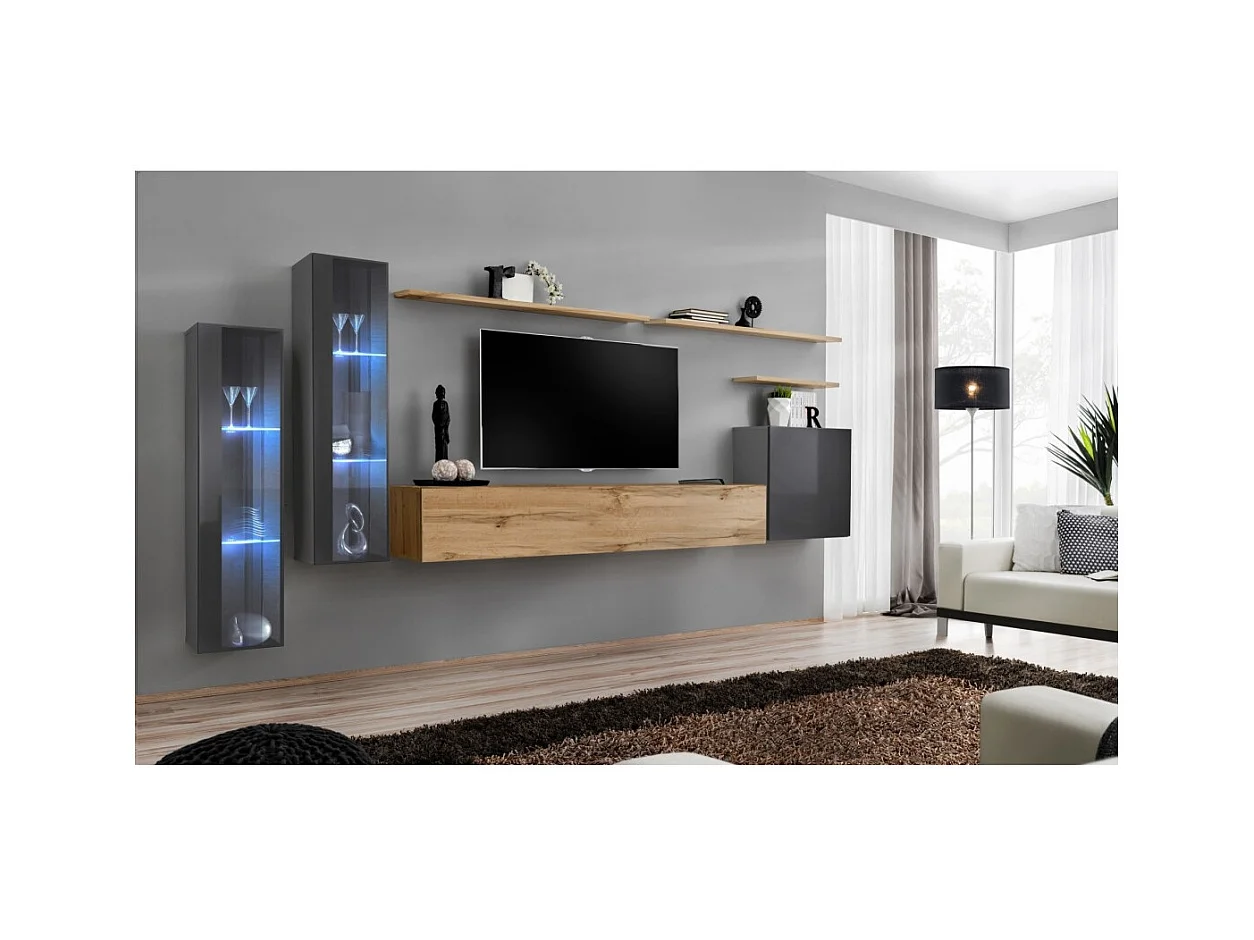 Ensemble meuble salon mural SWITCH XI design, coloris chêne Wotan et gris brillant.