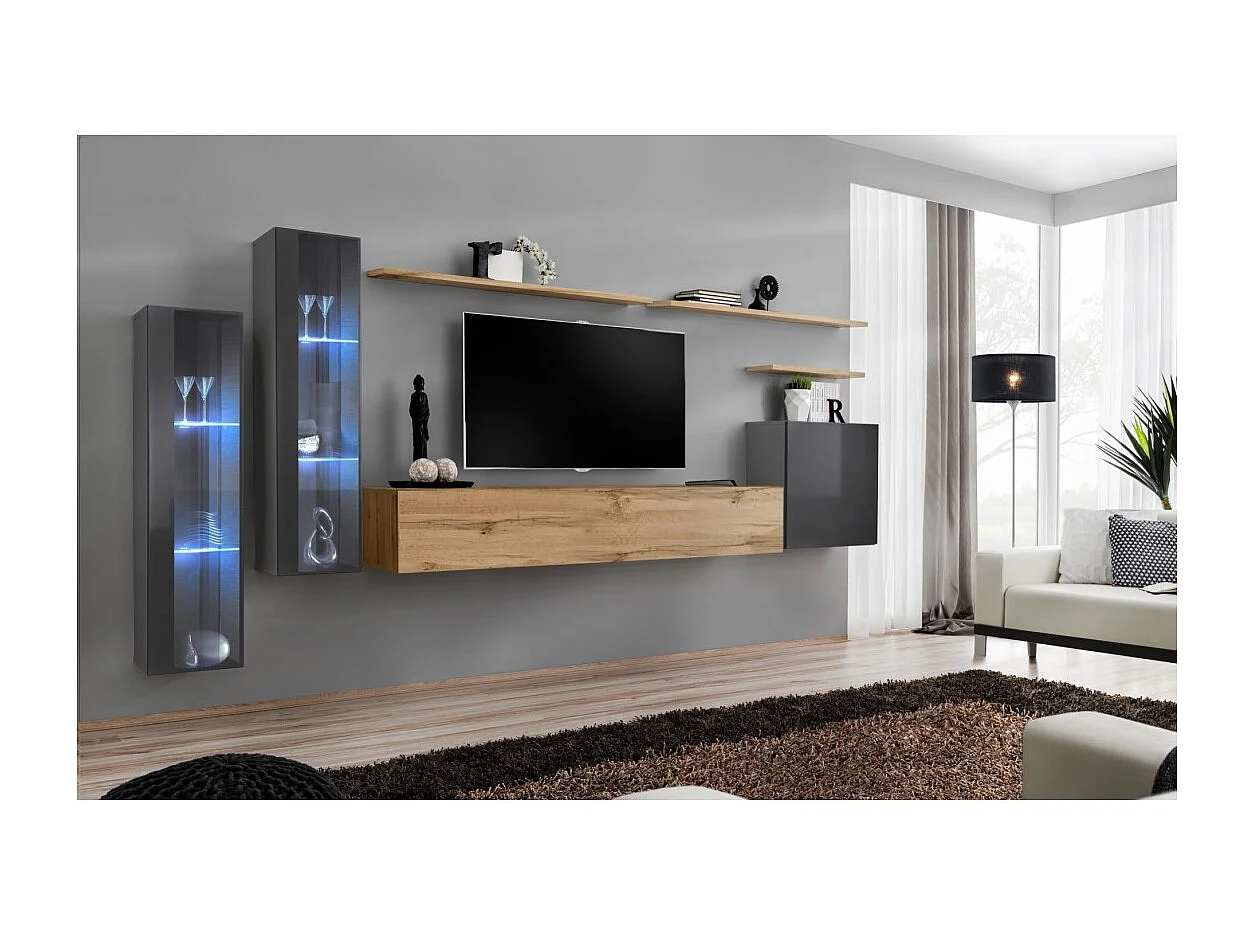 Wandmeubel set voor de woonkamer SWITCH XI design, in Wotan eiken en glanzend grijs.