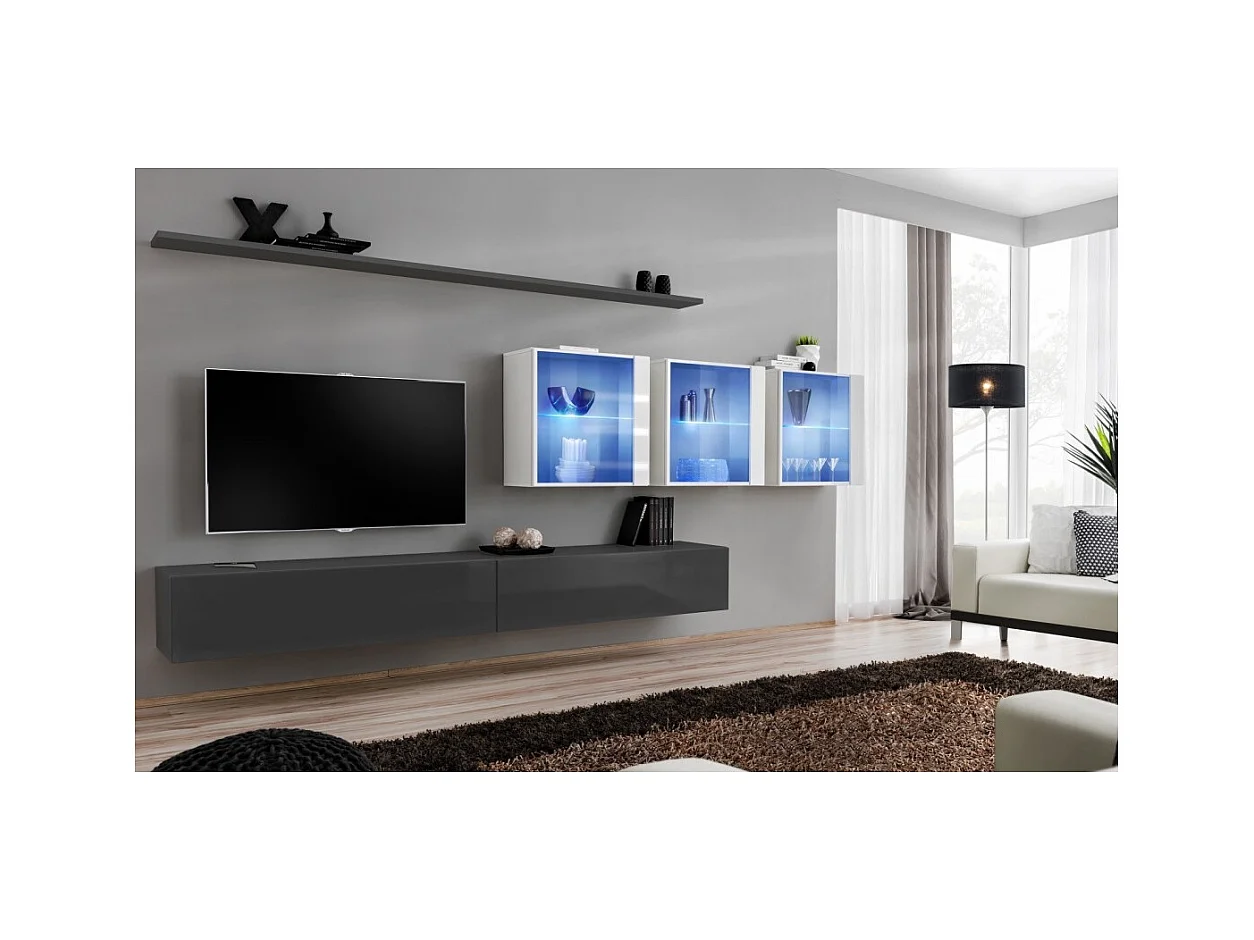 Wandmeubelset voor de woonkamer SWITCH XVII design, in glanzend grijs en wit.