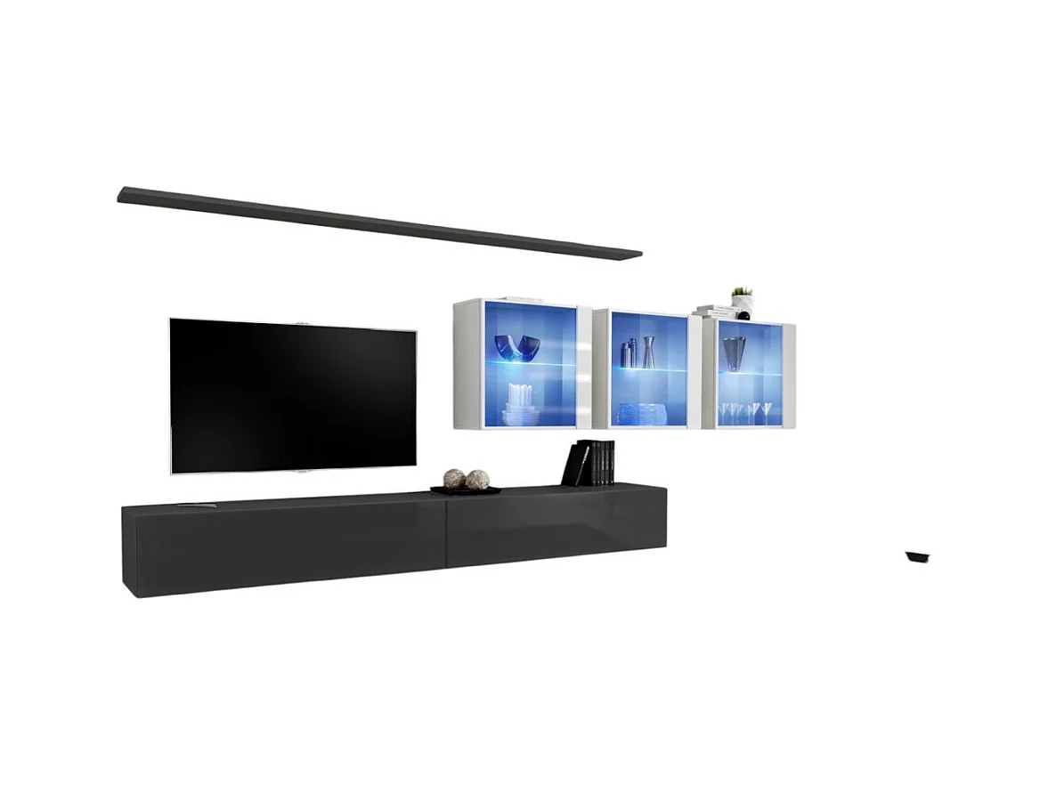 Ensemble meuble salon mural SWITCH XVII design, coloris gris et blanc brillant.