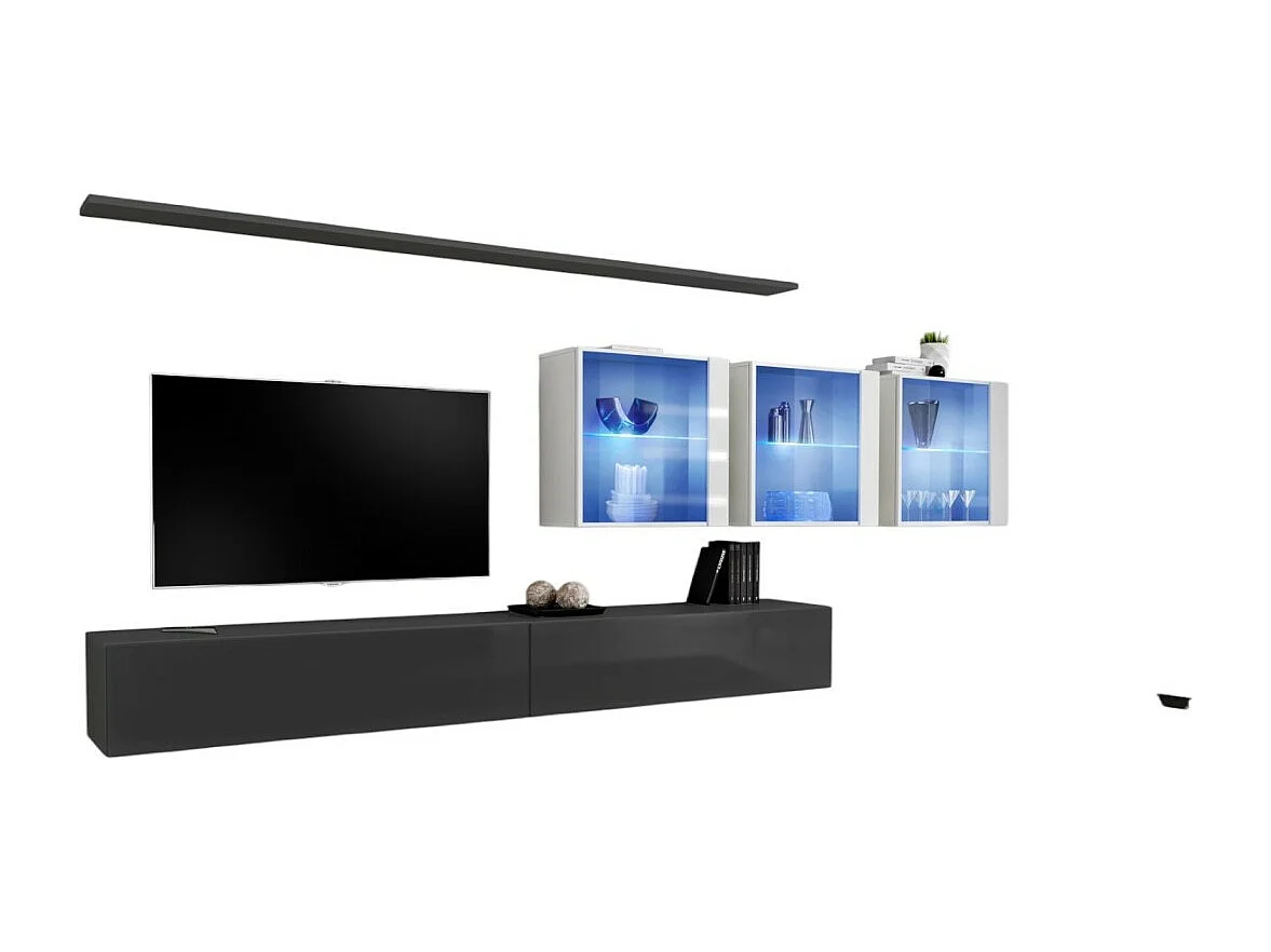 Ensemble meuble salon mural SWITCH XVII design, coloris gris et blanc brillant.