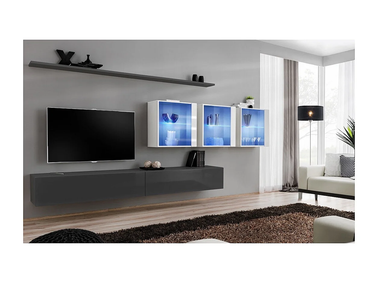 Ensemble meuble salon mural SWITCH XVII design, coloris gris et blanc brillant.