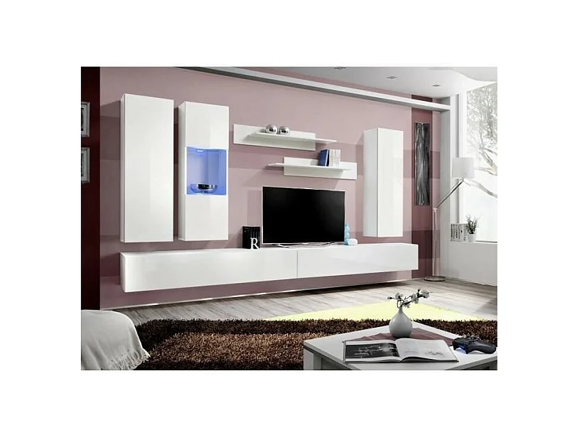 TV-Möbel FLY E5 Design, in glänzendem Weiß. Modernes und trendiges hängendes Möbelstück für Ihr Wohnzimmer.