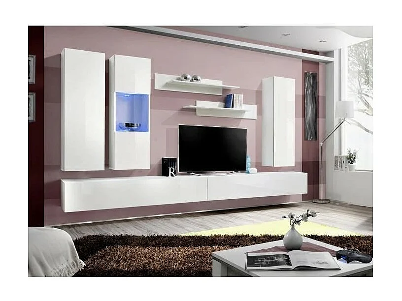 Meuble TV FLY E5 design, coloris blanc brillant. Meuble suspendu moderne et tendance pour votre salon.
