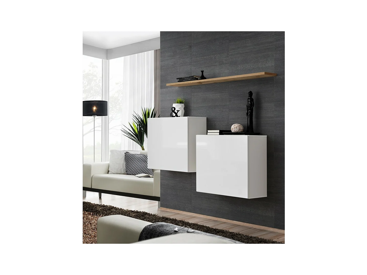 Woonkamerset SWITCH SBI design, in hoogglans wit en Wotan eiken plank.