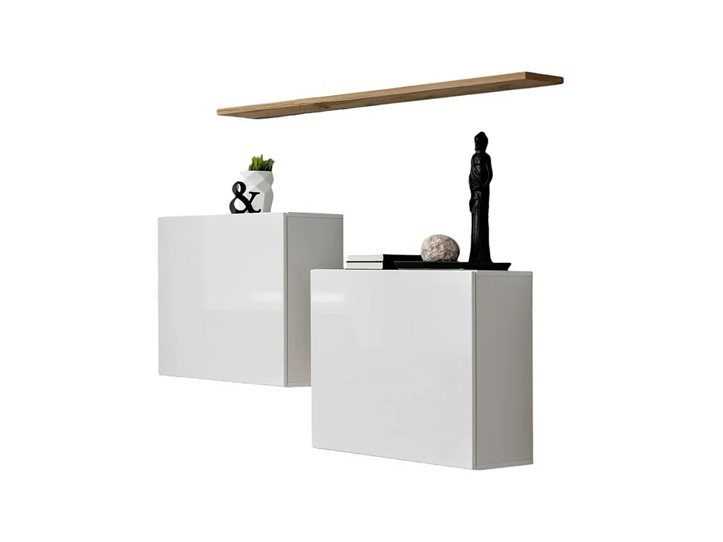 Ensemble meubles de salon SWITCH SBI design, coloris blanc brillant et étagère chêne Wotan.
