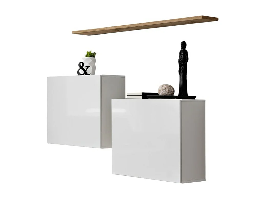 Ensemble meubles de salon SWITCH SBI design, coloris blanc brillant et étagère chêne Wotan.