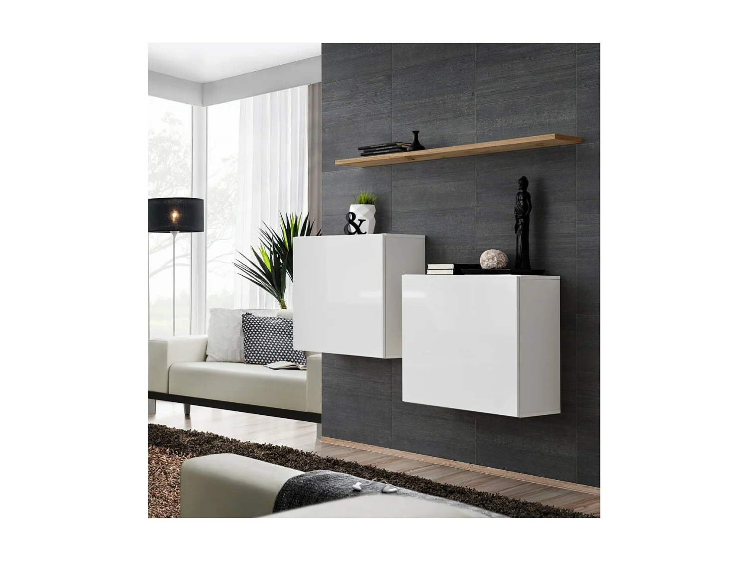 Ensemble meubles de salon SWITCH SBI design, coloris blanc brillant et étagère chêne Wotan.