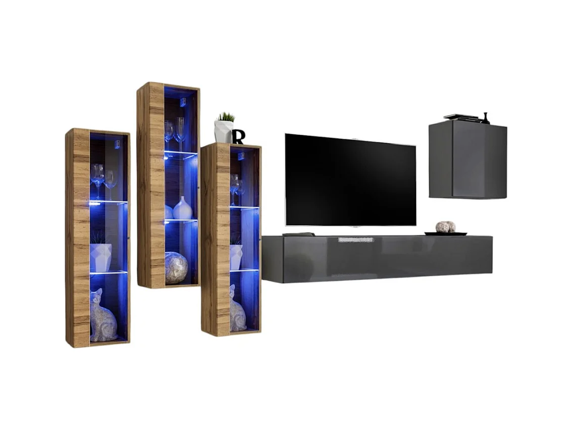 Wandmeubelset voor de woonkamer SWITCH XIII design, in grijs en Wotan eiken kleur.