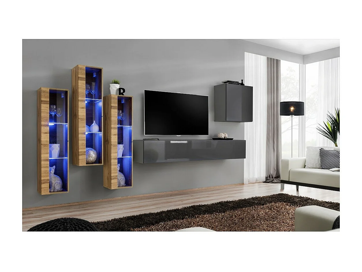 Ensemble meuble salon mural SWITCH XIII design, coloris gris et chêne Wotan.
