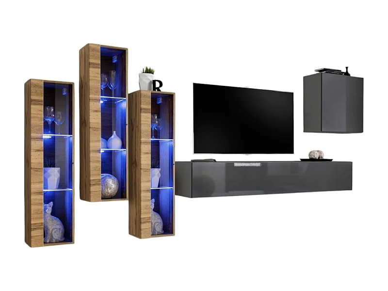 Wandmeubelset voor de woonkamer SWITCH XIII design, in grijs en Wotan eiken kleur.